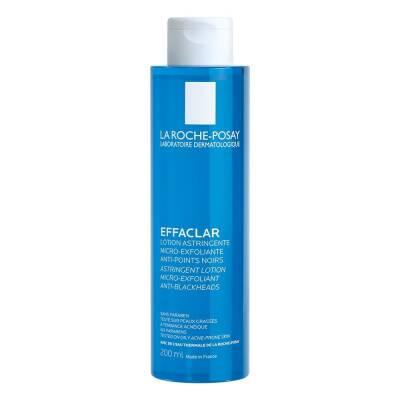 Effaclar face toner bottle, blue with white cap and slim cylindrical shape