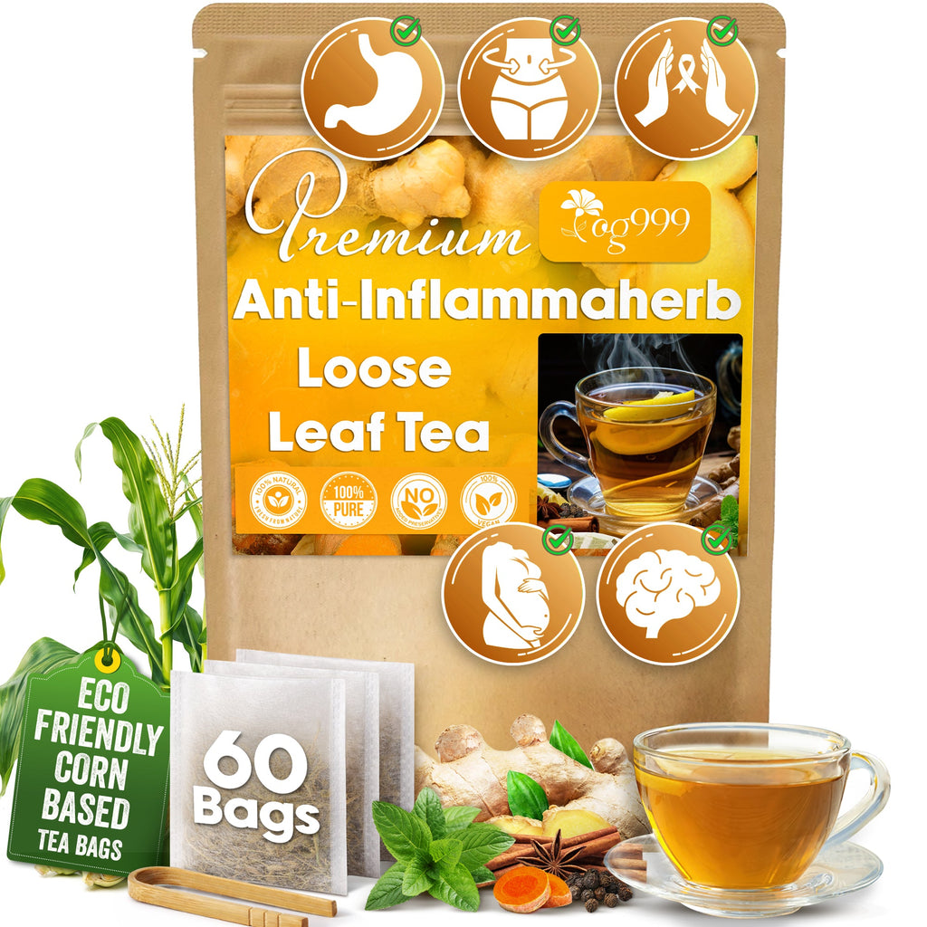 Loose leaf tea pouch with glass cup, spices, and 60 bag count, eco-friendly icon