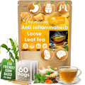 Loose leaf tea pouch with glass cup, spices, and 60 bag count, eco-friendly icon