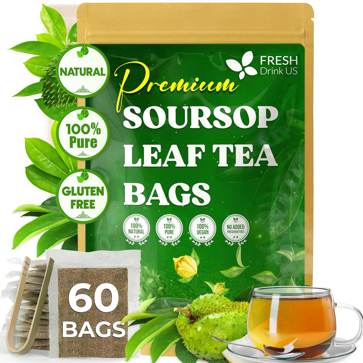 Premium soursop leaf tea bags pouch, 60 bags; gluten-free