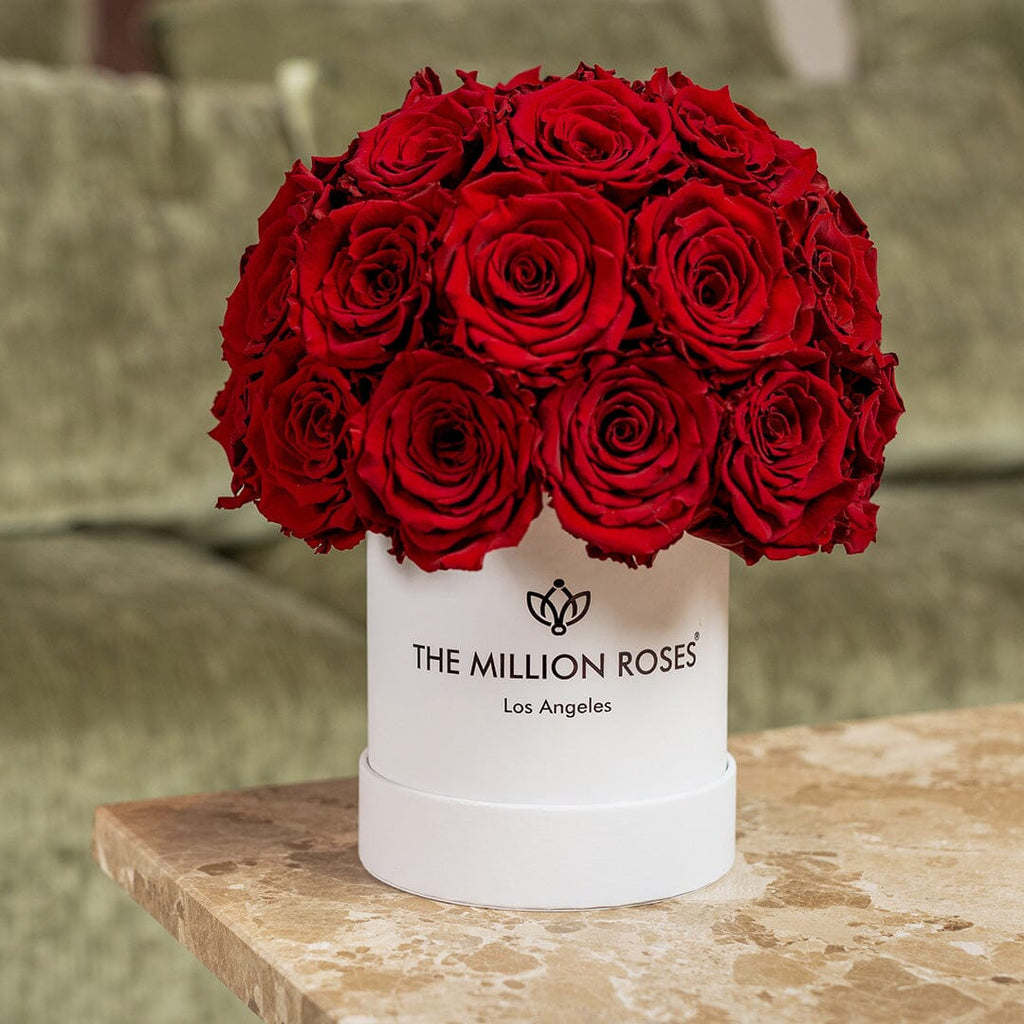 Red roses in white superdome box on stone table