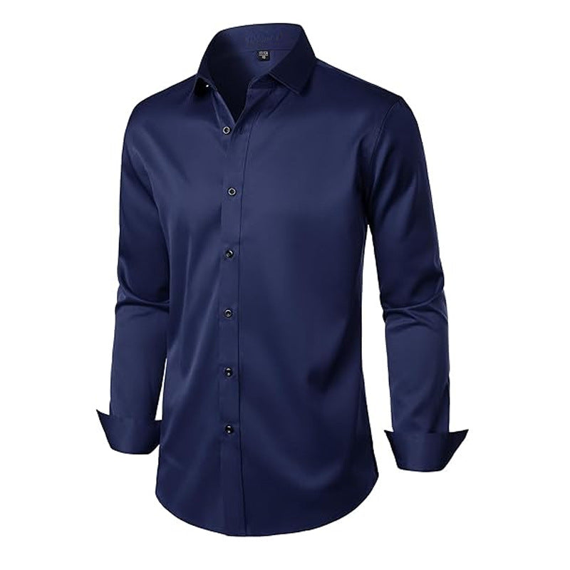 Navy blue long-sleeve solid dress shirt with button-up front and pointed collar