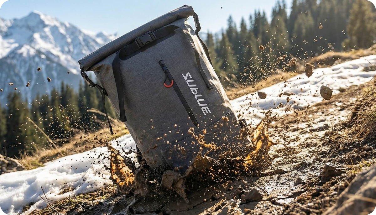 Waterproof backpack 30L, dark gray with side straps, shown being splashed with snow