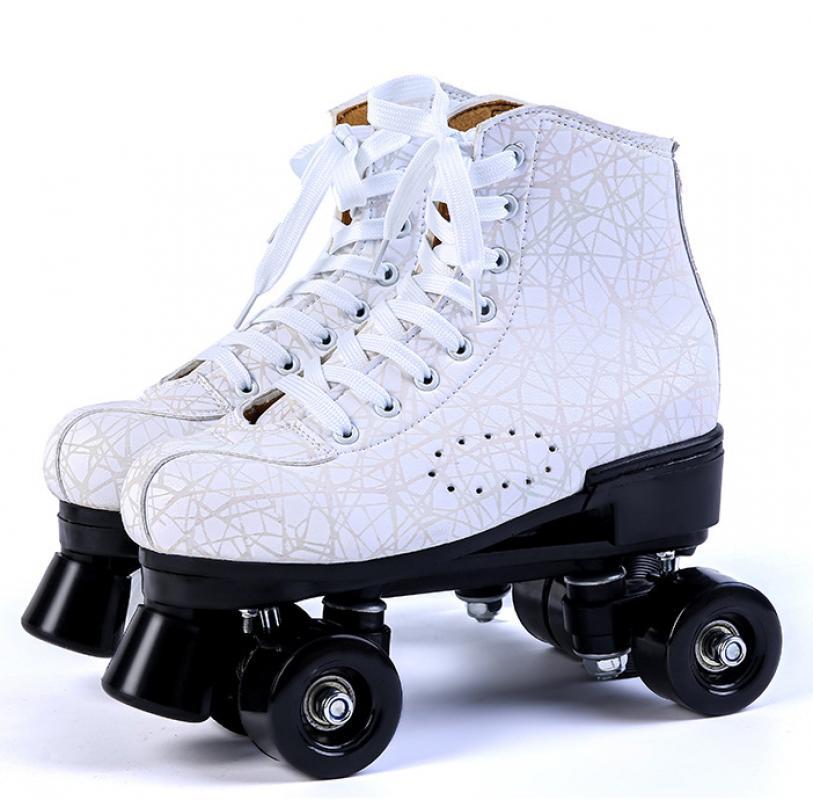 White high-top roller skates, side view, black wheels
