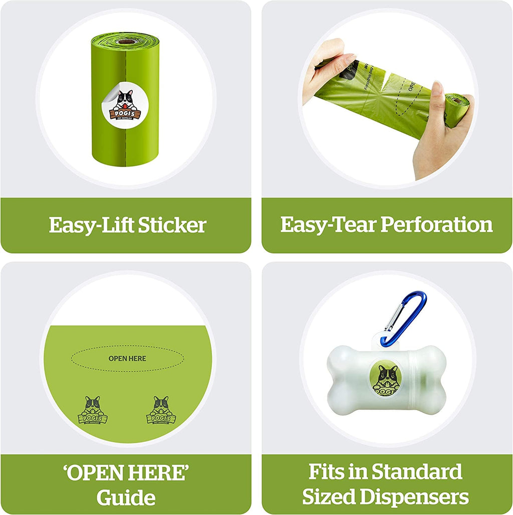 Dog poop bag roll features: easy-lift sticker, easy-tear perforation, open-here guide, fits dispensers