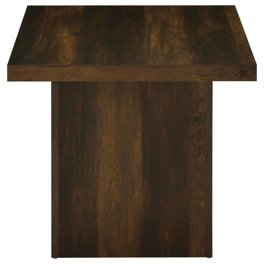 Square table with dark pine woodgrain top and vertical paneled sides, front view.