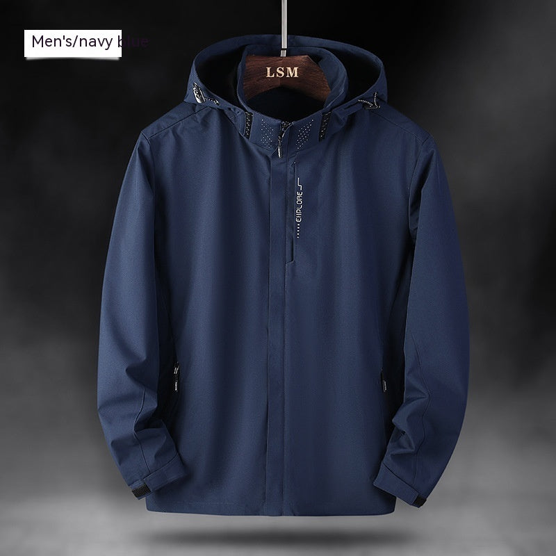 Men's navy waterproof hooded jacket on hanger, zip front and side zipper pockets.