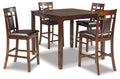 Brown counter table set with four bar stools, square tabletop and dark seat cushions