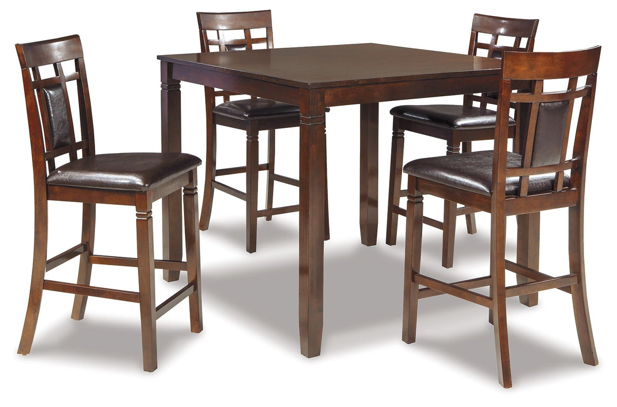 Brown counter table set with four bar stools, square tabletop and dark seat cushions