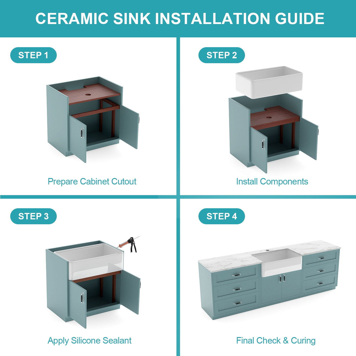 Ceramic sink installation steps showing cabinet cutout and component placement