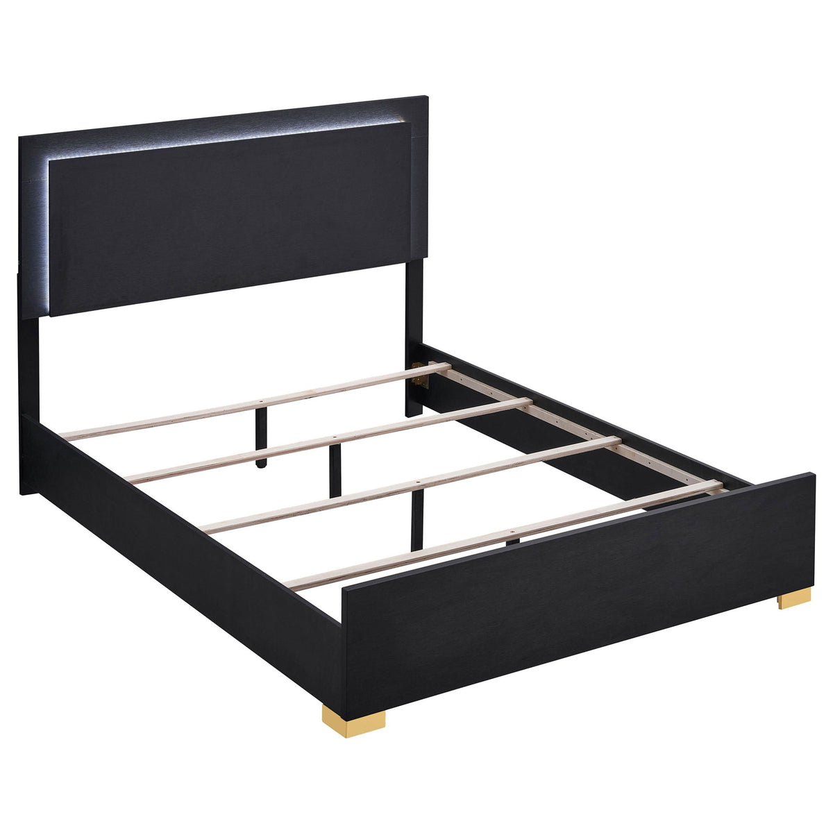 Black queen bed with slatted base, low profile rails, and gold corner feet