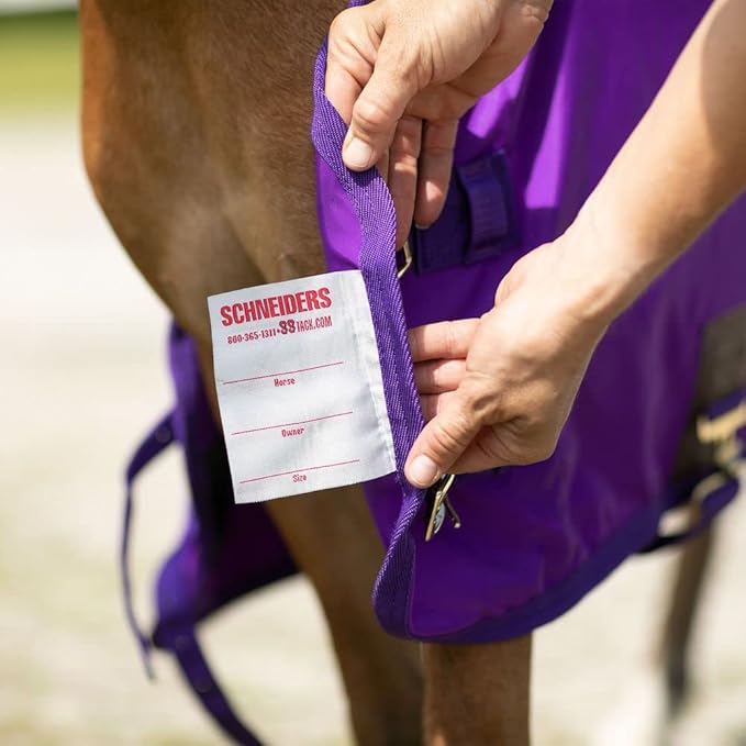 Purple horse sheet with strap and attached SCHNEIDERS size label