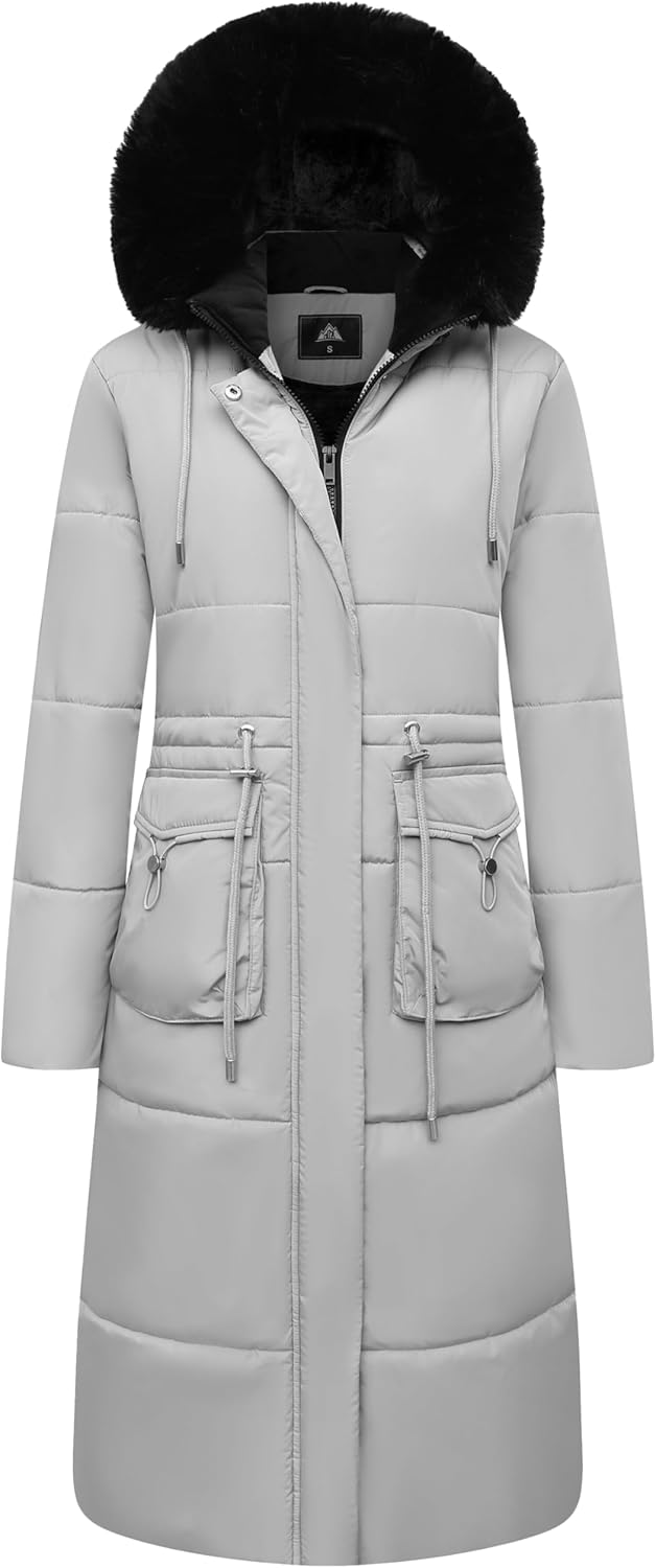 Light gray long puffer coat with faux-fur hood and quilted baffle seams