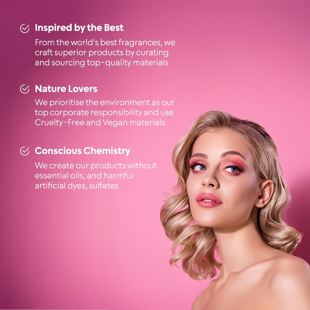 Perfume brand benefits poster with model portrait and three bullet points