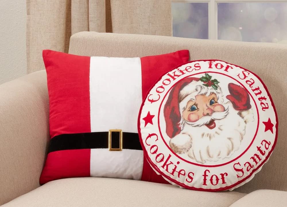 Santa belt throw pillow with gold buckle and round 'Cookies for Santa' pillow