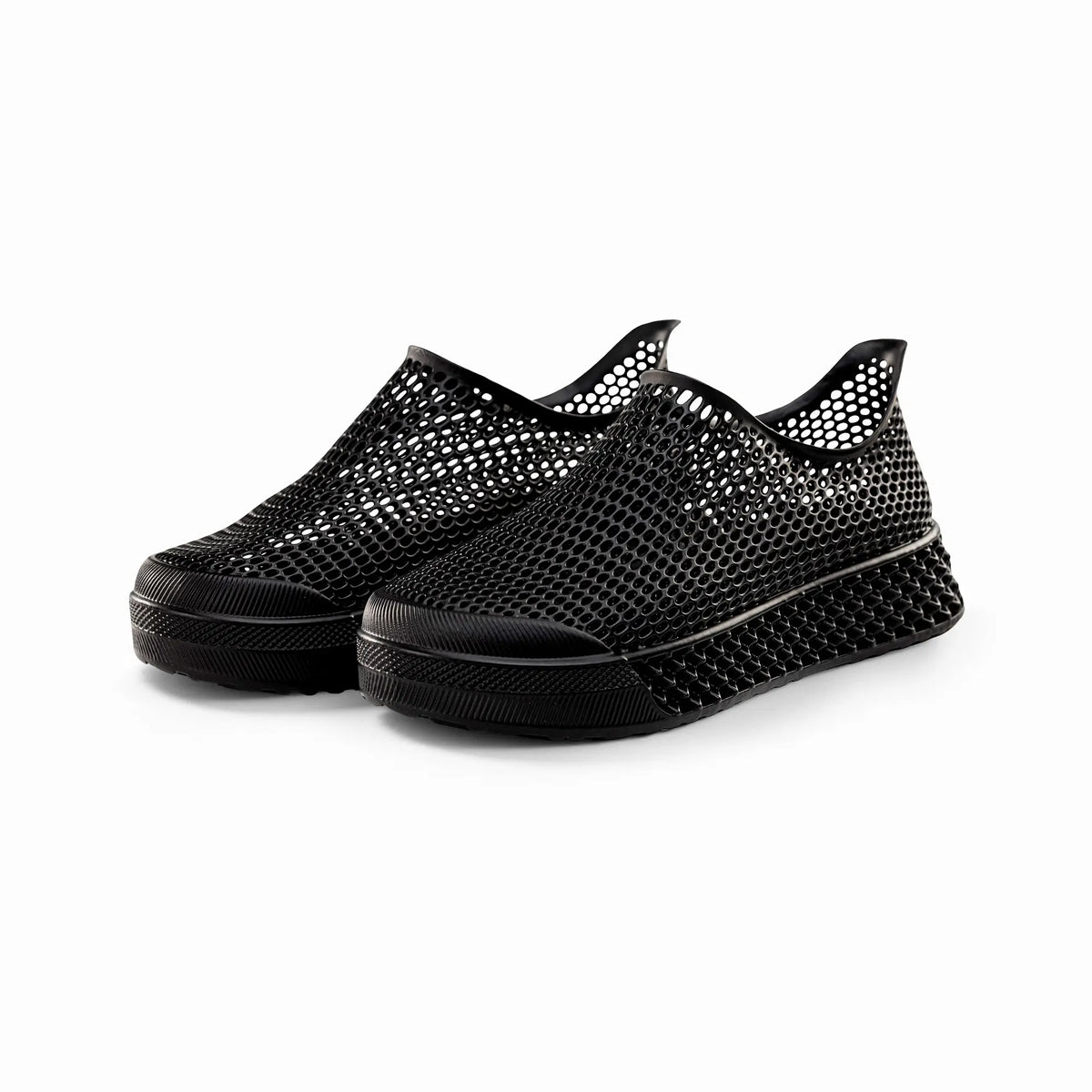 Black 3D-printed casual sneakers, front angle with thick rubber sole