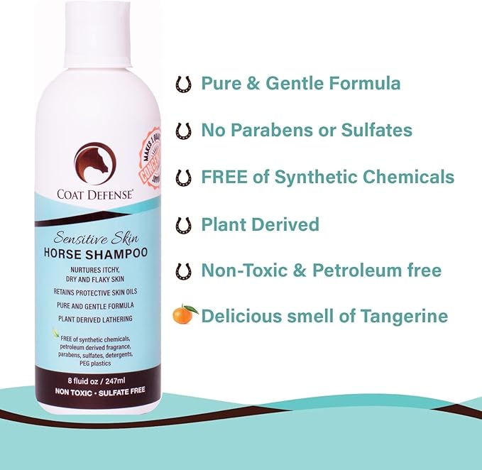Horse shampoo bottle with Pure & Gentle formula and no-parabens callouts