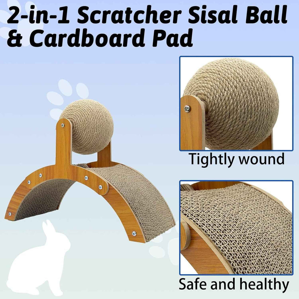 Arched cardboard scratcher with a tightly wound sisal ball and textured scratching surface
