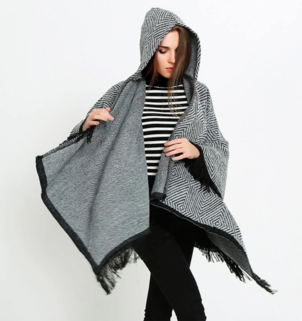 Women’s hooded wrap poncho cape in black-and-gray geometric knit with open front and fringe