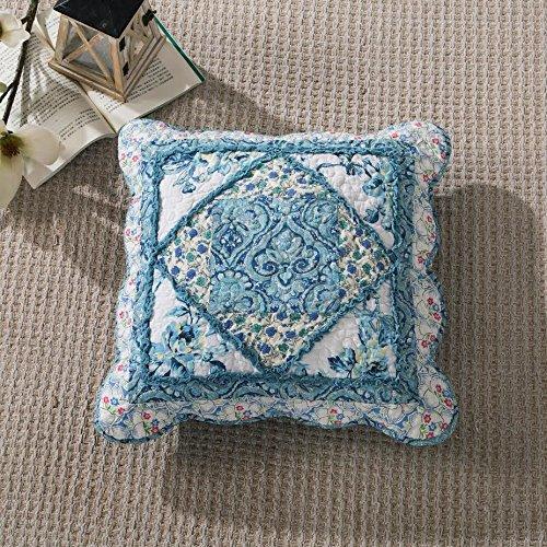 Blue floral patchwork euro sham cushion cover with scalloped, ruffled petal trim