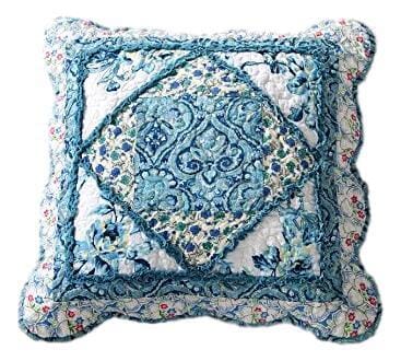 Blue and white floral patchwork cotton cushion cover with scalloped petal edge