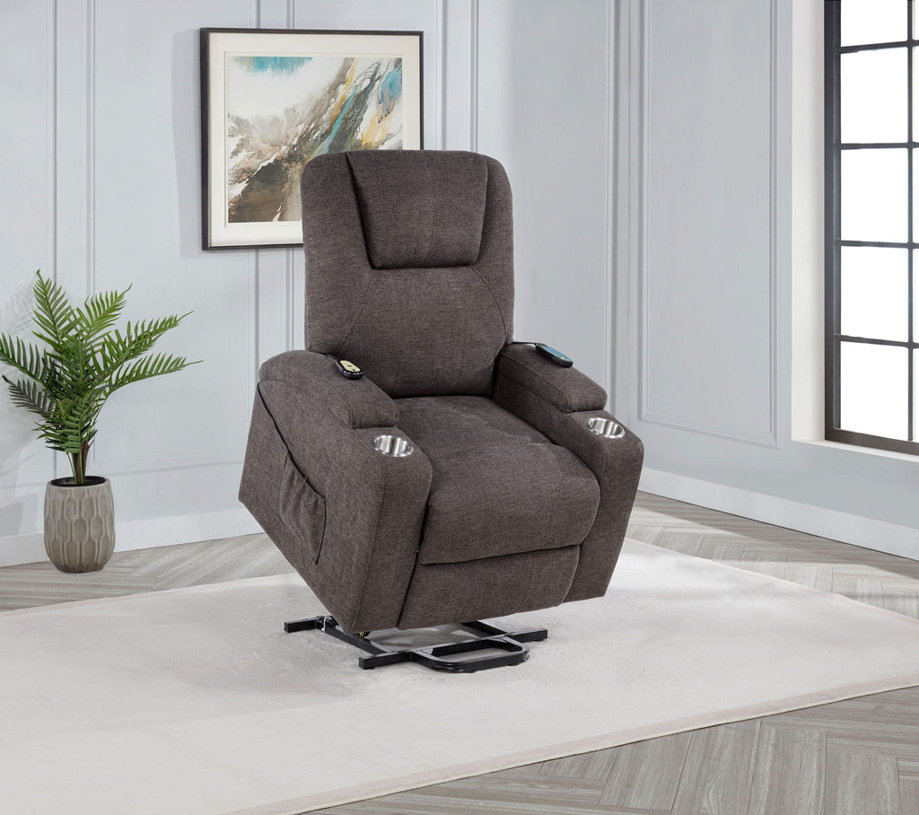 Louie Chenille power lift massage chair with extended footrest and arm controls, dark fabric