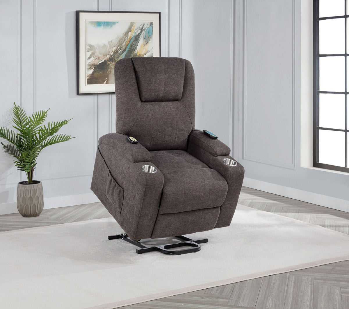 Louie Chenille power lift massage chair with extended footrest and arm controls, dark fabric