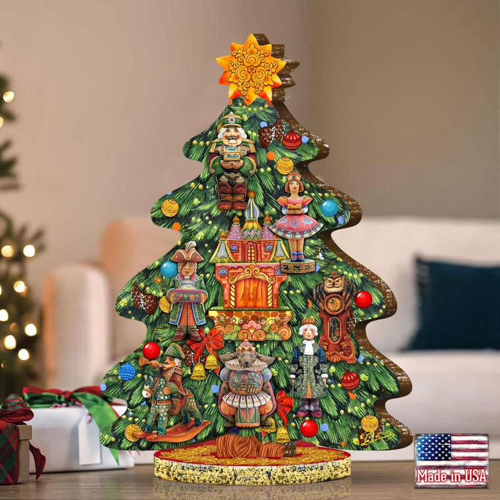 Decorated wooden nutcracker Christmas tree figurine on round base, front view