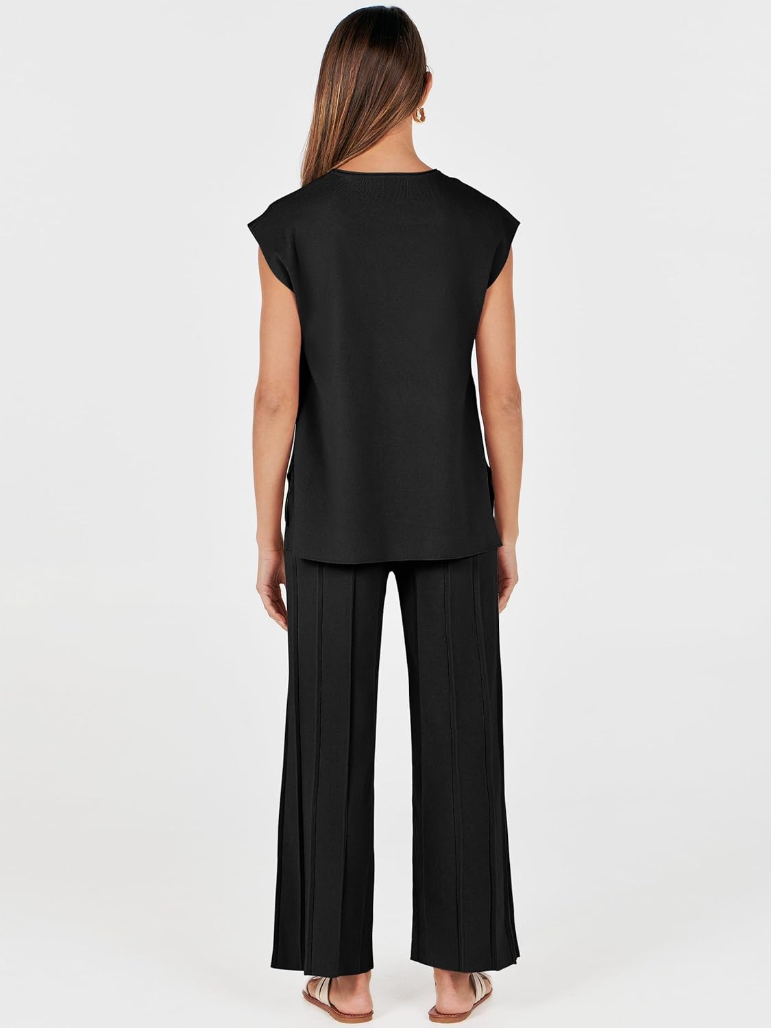 Black sleeveless top and wide-leg pants, back view with flowing straight legs