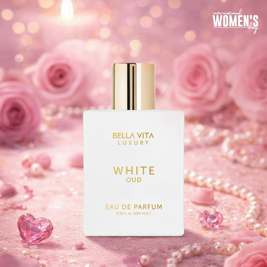 White Eau de Parfum bottle with gold cap, 100 ml (3.4 fl. oz.)