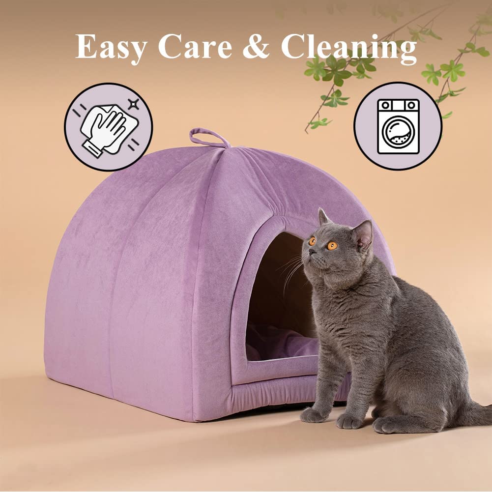 Purple soft cat tent bed with arched doorway and gray cat resting inside