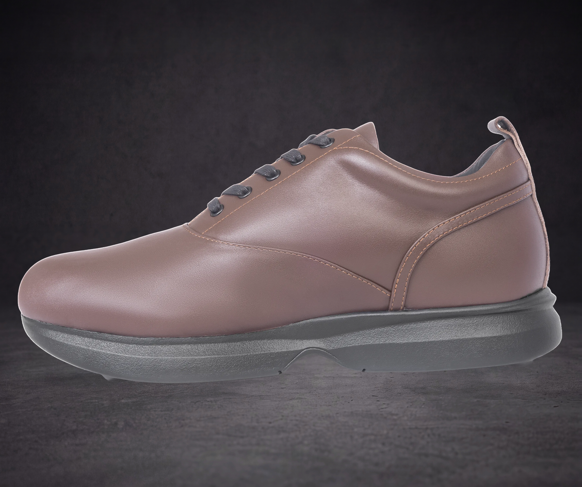 Taupe WOA low-top dress sneaker with dark laces and padded collar