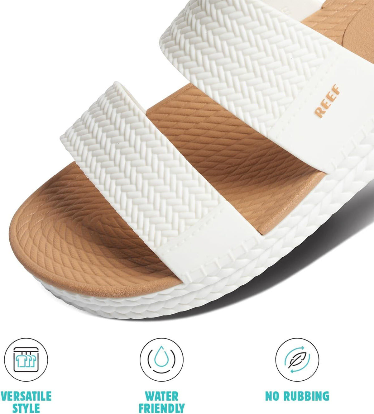 White platform slide sandals with woven strap texture and tan footbed