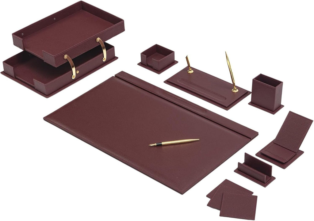 Burgundy desk organizer set with letter tray, pen holder, small boxes, and pen