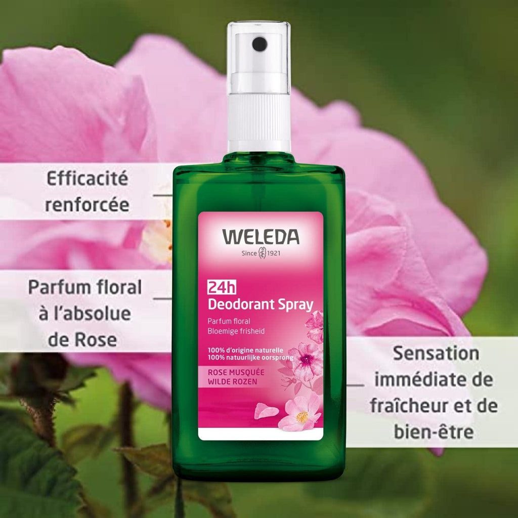 Green 24h deodorant spray bottle with Weleda Wild Rose label