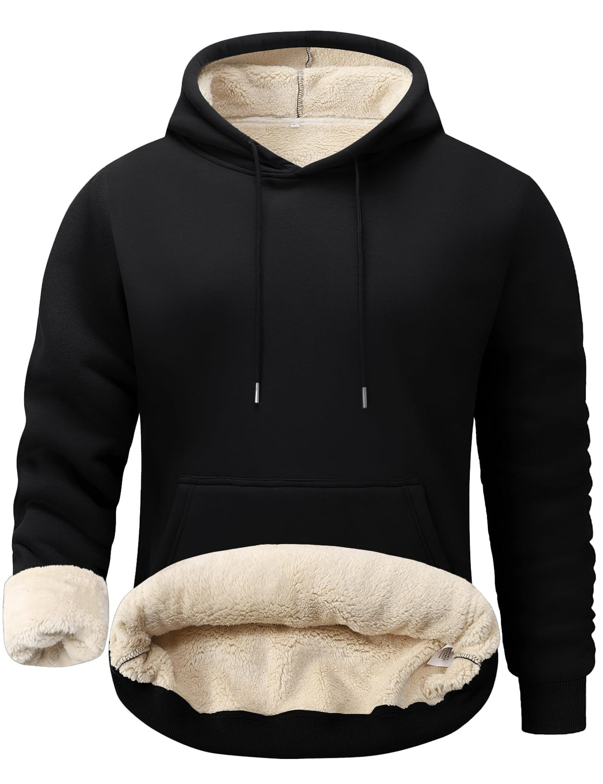 Flygo sherpa-lined fleece hoodie, black with drawstring hood and contrast Sherpa hem