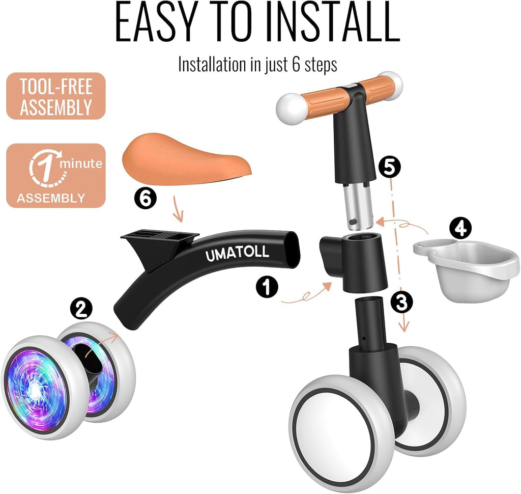 Black balance bike with orange handle and seat, shown with parts for assembly steps