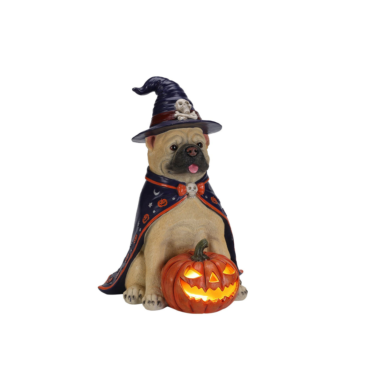 Bulldog witch statue kneeling beside glowing orange jack-o-lantern