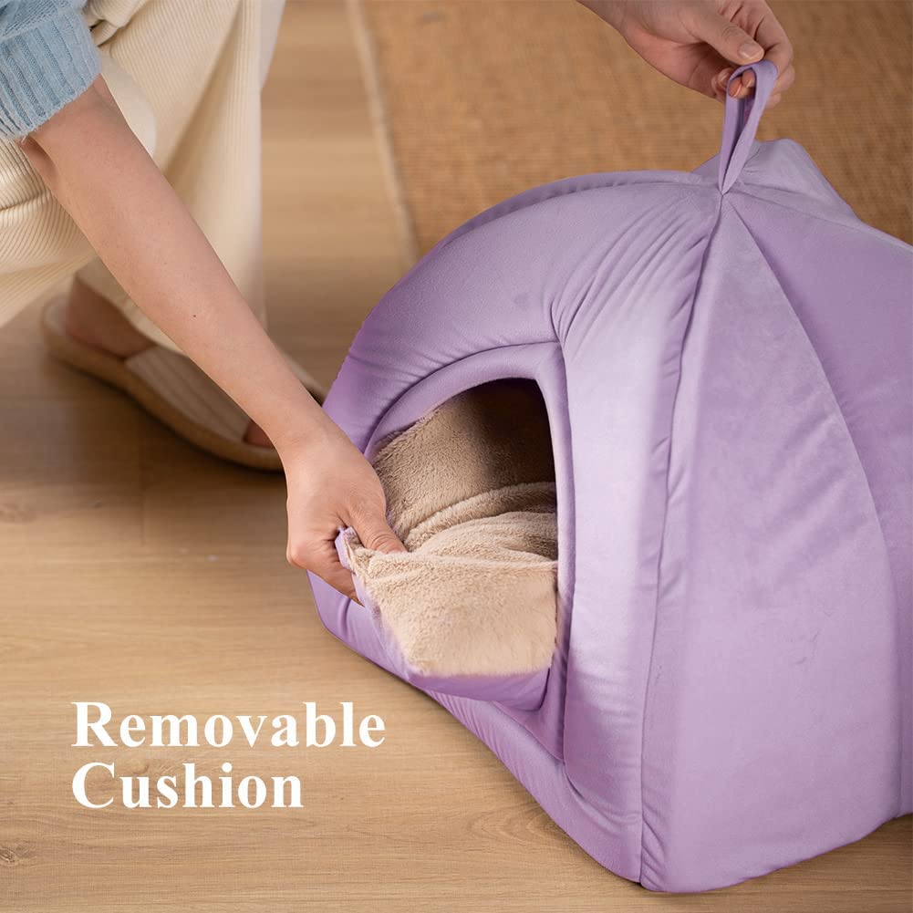 Lavender soft cat bed tent with removable cushion being lifted by hand