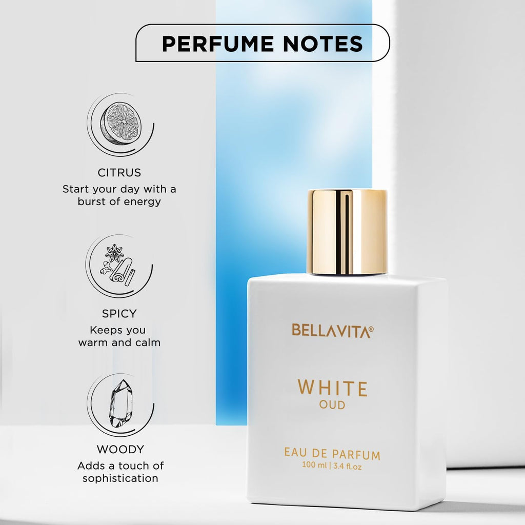 White Eau de Parfum bottle with gold cap, with a perfume notes layout