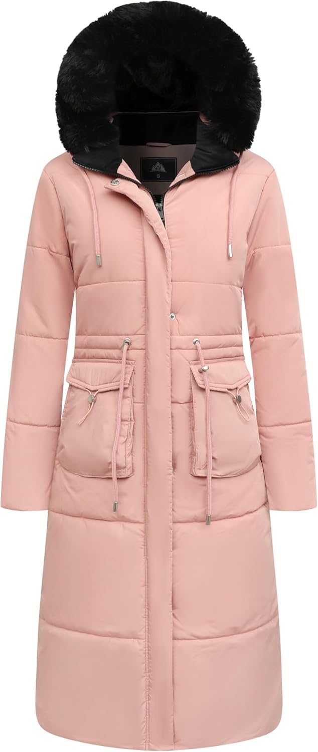 Pink long puffer coat with faux fur hood, zipper front, drawstring waist pockets