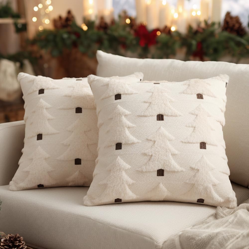 Christmas pillow cover pair with white plush fabric and small black house-and-tree pattern