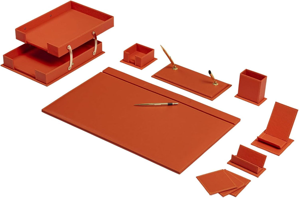 Orange desk organizer set with long desk pad, pen holder, small boxes, and pen