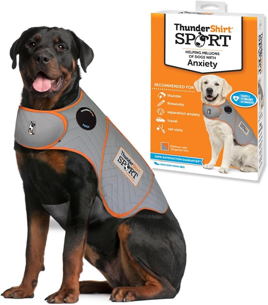 ThunderShirt calming vest in gray with orange trim, worn by a dog beside its retail box