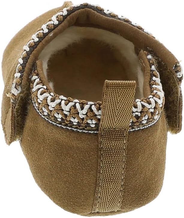 Chestnut baby Tasman beanie slipper interior view with braided collar and webbed strap