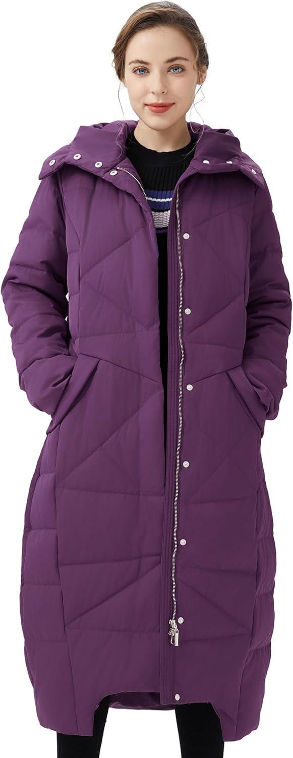 Women’s purple hooded long puffer down coat with front zipper and side pockets