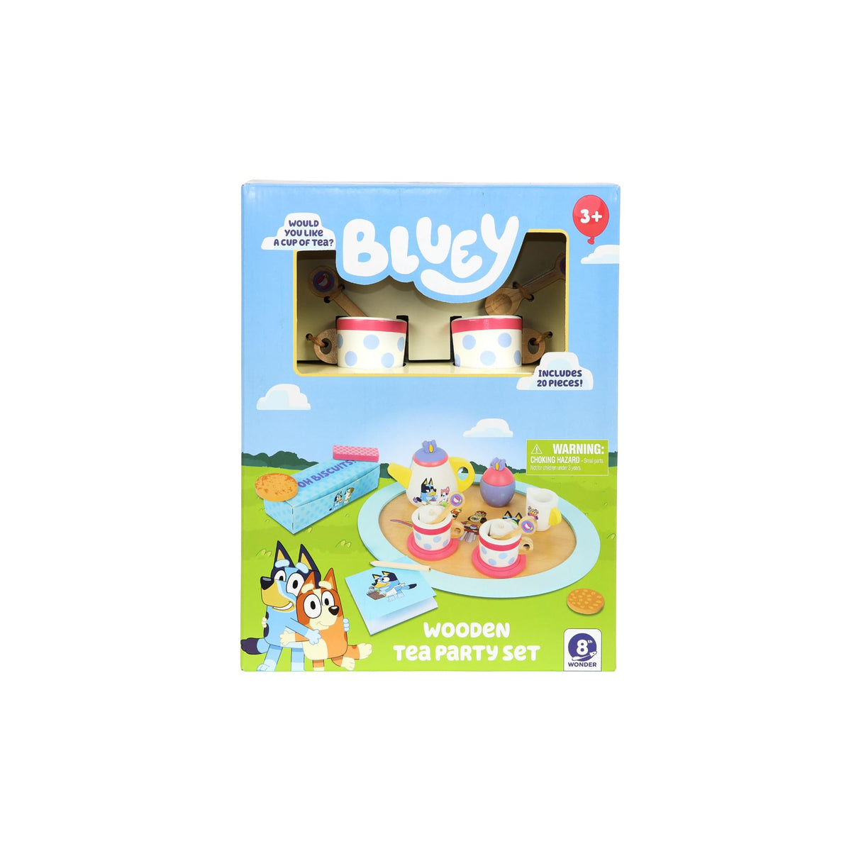 Boxed Bluey wooden tea party set with pictured tea items inside
