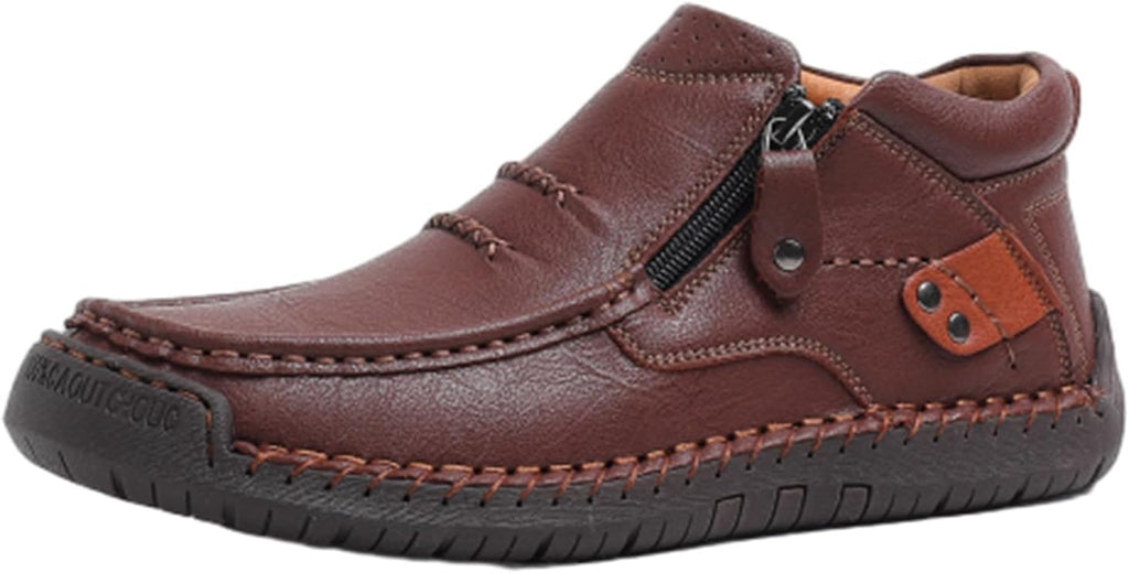 Brown leather driving boot with side zipper and contrast stitching along the sole