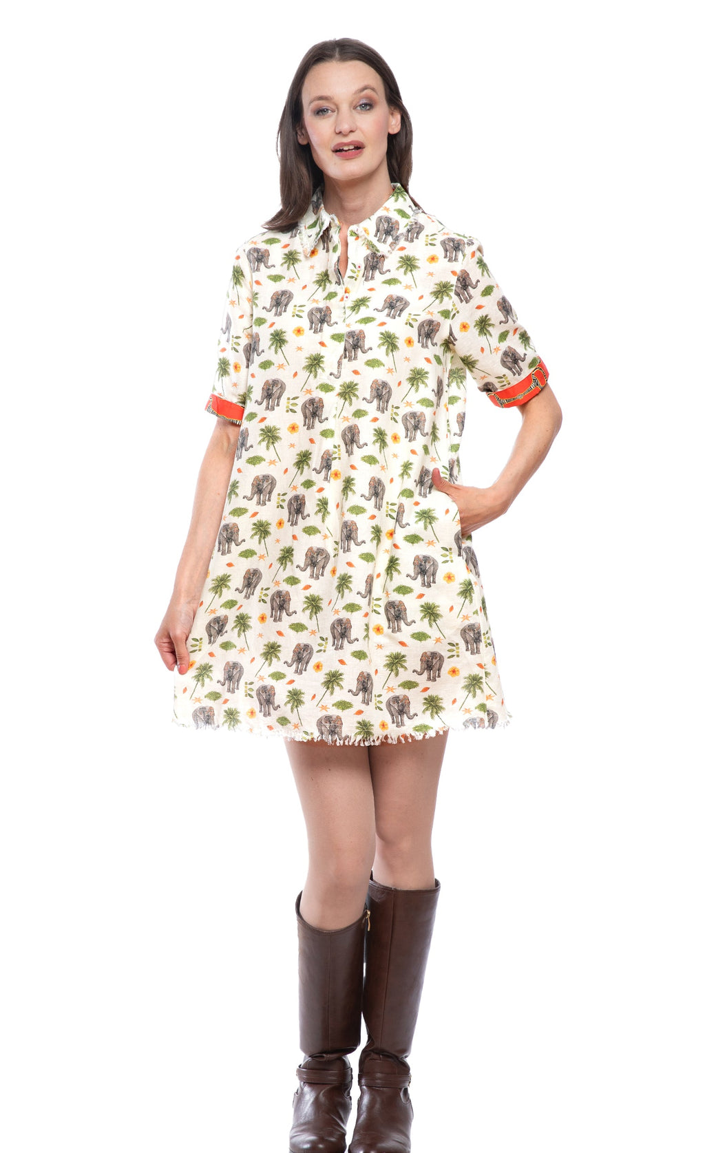 Chatham elephant print dress with orange-trim sleeves and ruffled above-knee hem