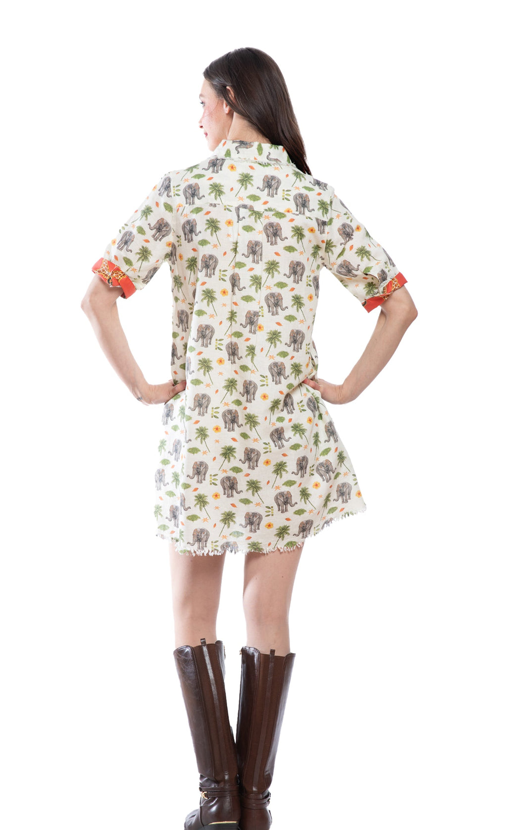 Chatham elephant print dress, back view, short sleeves with orange trim and ruffled hem